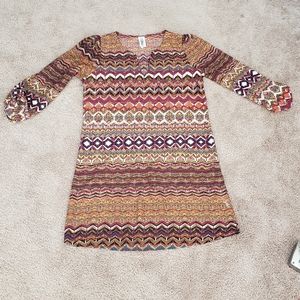 3/4 sleeve earth tones Aztec print shift dress